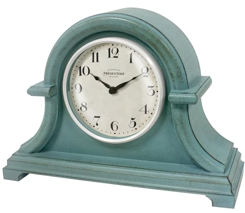 Presentime & Co. Kaminuhr, Vintage-Bauernhaus-Serie, Napoleon-Schreibtisch- und Regaluhr, 33 x 25,4 cm, gewölbtes Objektiv, Quarzwerk, ABS-Kunststoffgehäuse, antikes Blaugrün-Finish