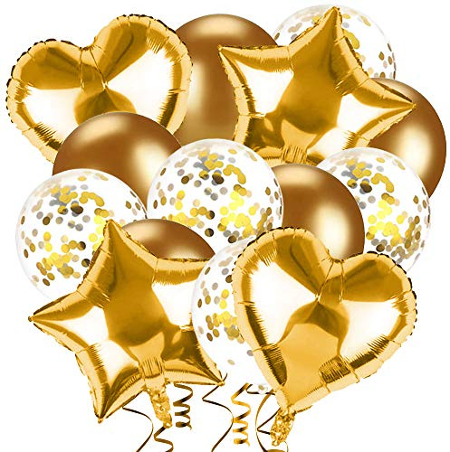 ZAWTR Gold Geburtstagsdeko - 14 Stück Gold Stern Herz Folienballon & Konfetti Luftballons für Geburtstag, Hochzeit, Babyparty, Valentinstag