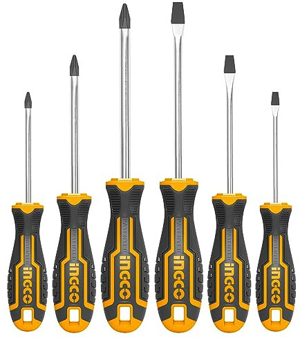 INGCO Juego de 6 Herramientas Para Destornillador con Mango Ergonómico, Planos y PH, Magnética Potente, Varilla de Acero CRV HKSD0628
