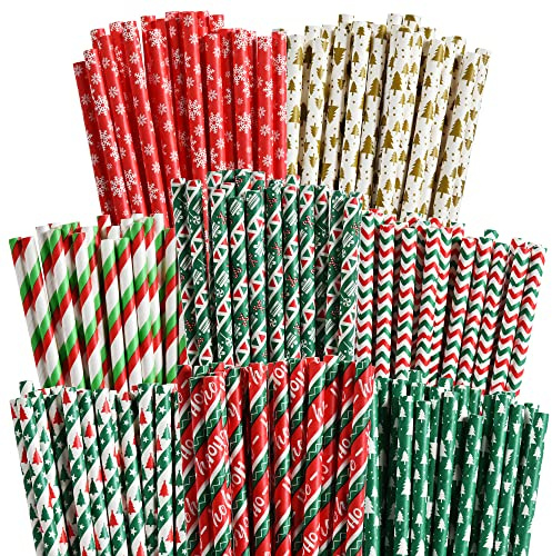 ALINK 200 Biodegradable Christmas Paper Straws Bulk, Assorted Rainbow Colors Striped Drinking Straws for Juice, Cocktail, Coffee, Soda, Smoothies, Wedding, Bridal Shower, Holiday Party Suppliers