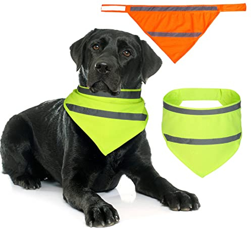 Saintrygo 2 Pieces Dog Bandanas Reflective Dog Scarf Yellow High Visibility Safety Camping Puppy Bandanas Triangle Bibs for Medium Large Pets Cats Puppy(16-20.5 Inches,Halter Neck)