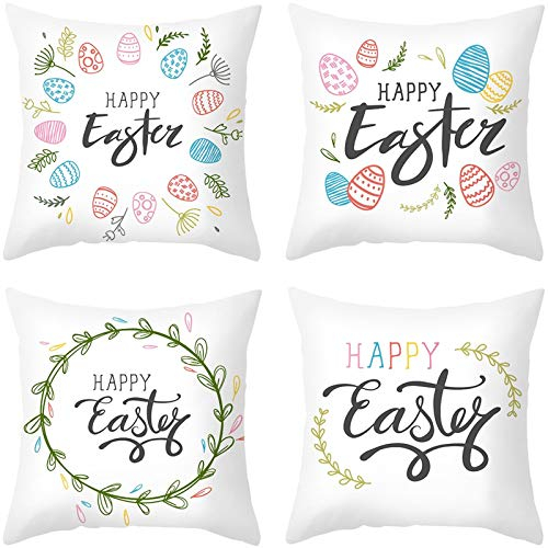 Lieson Juego de 4 fundas de cojín para sofá, 40 x 40 cm, para exteriores, 4 x 40 cm, diseño de hojas de pasto de Pascua, para sala de estar, verde, azul, blanco, poliéster