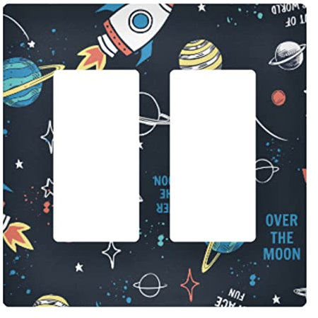 Space Doodle Cartoon Space Rockets, Planets, Stars, Moon, Slogans 3 Triple Gangs Rocker Print Toggle Wall Plate, Switch Plate Cover for Living Room Bedroom Bathroom Office and School