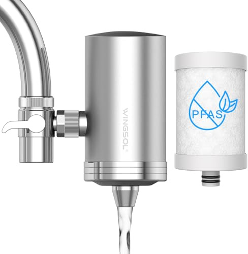 WINGSOL Stainless-Steel Faucet Water Filter, Faucet Mount Water Filtration System, Tap Water Filter, Reduce Heavy Metals, Chlorine and Bad Taste, 320G Long Lasting -1 Filter Included