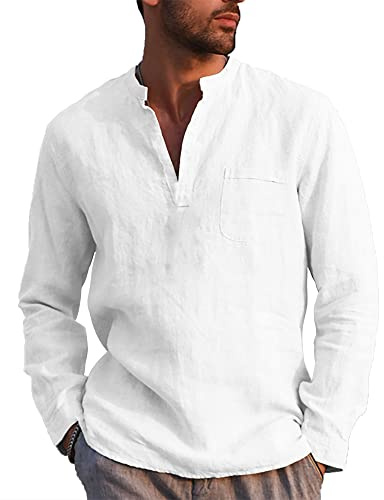 NANAMEEI Men's V Neck Shirt Grandad Collar Shirts Beach Henley Shirt White XL