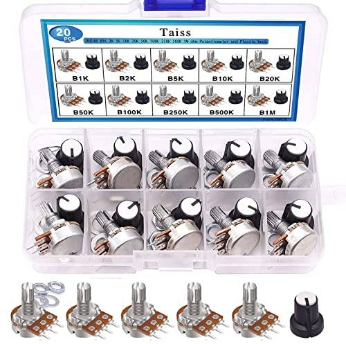 Taiss/20 Stücke Potentiometer Kit mit Knöpfen B1K 2K 5K 10K 20K 50K 100K 250K 500K 1M Ohm Potentiometer-Sortiment 3 Anschlüsse Linear Rotary Potentiometer Audio B Typ zur Lautstärkeregelung F054