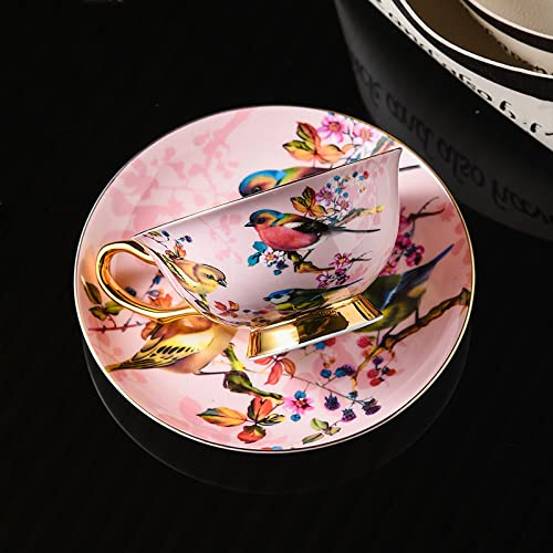 DECRZPB Set di tazze da tè e piattino in ceramica con uccellino rosa e fiori Set di tazze da caffè e piattino in ceramica piatto per tazza di succo di latte regalo di compleanno per ufficio e casa