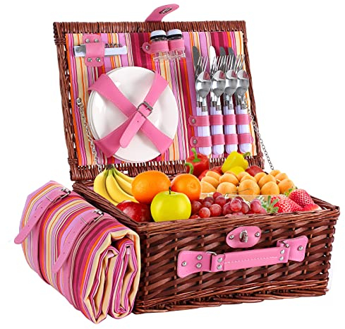 HYBDAMAI Willow Picknickkorb Set für 4 Personen mit wasserdichter Picknickdecke, großer Weidenkorb Picknickkorb für Camping, Outdoor, Valentinstag, Erntedankfest, Geburtstag (Rosa Streifen)