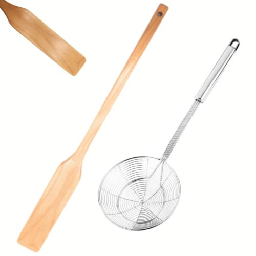 Pagaia in legno extra lunga da 61 cm + schiumarola in acciaio inox da 40,6 cm, grande paletta per mescolare in legno di faggio per cucinare, miscelare, pentole per la produzione di birra casalinga,
