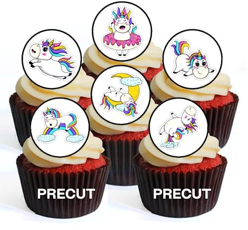 Pastel Unicorns Edible Cupcake Toppers – Cute & Colourful Rainbow Unicorn Party Cake Decorations – Premium Thickness PRECUT 4cm/1.5 Inch Disc (Pack of 12) Premium Thickness