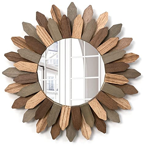 Emfogoo Wandspiegel 30cm Klein Rustikal Holz Sunburst Boho Spiegel Boho Wanddeko Deko Wanddeko für Haus Wohnzimmer Schlafzimmer Flur (Dreifarbig)