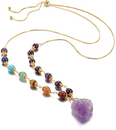 GEHECRST Rohstein Anhänger Halskette 7 Chakra Kette Wire Wrap Kristall Rohstein Anhänger mit Kette Heilung Edelstein Kettenanhänger Liebe Schmuck Herzförmige Amulett (Amethyst)