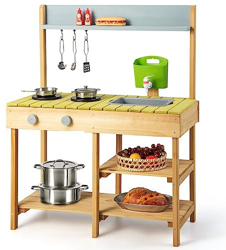 COSTWAY Matschküche Outdoor, Kinderküche Holz mit Wasserfunktion, Spielküche mit Haken & Abnehmbarem Regal, Gartenküche Geschenke für Kinder ab 3 Jahren (Modell 2)