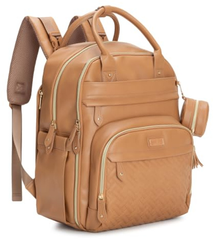 BabbleRoo Leather Diaper Bag Backpack - Baby Essentials Travel Baby Bag, Multi function, Water-Resistant, with Changing Pad, Stroller Straps & Pacifier Case – Unisex, Light Brown