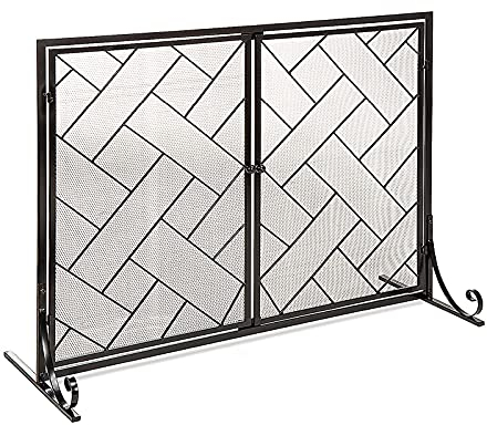 Feuerschutz-Kaminschutz mit Tür, freistehender Funkenschutz, 80 cm hoch, dekorative Netzabdeckung aus Metall für den Innenbereich, Solider Kaminzaun für Babys und Haustiere, Schwarz/Gold (Schwarz 103