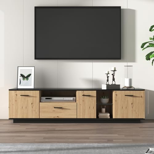 KOMHTOM Meuble TV noir et bois naturel - Commode multifonction 3 portes, 2 compartiments, 1 tiroir - Vitrine LED salon, chambre