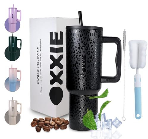OXXIE Vaso Termo Cafe Para Llevar 1200ml | Botella Agua Acero Inoxidable | Taza Termica con Pajita y Asa | Sin BPA | Isotérmica y Hermetica | Adultos, Deporte, Oficina, Yoga, Viaje (Negro Leopardo)