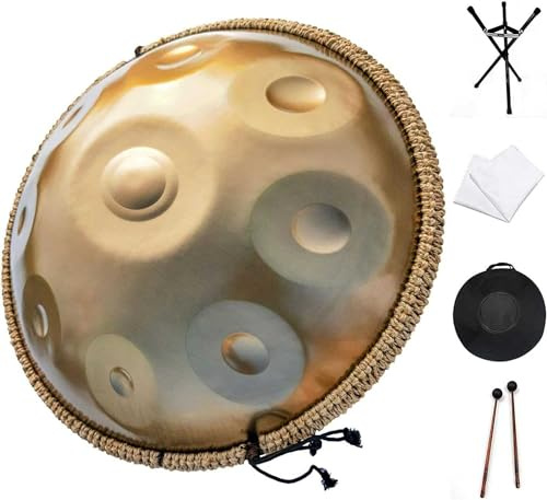 432Hz Handpan Steel Drum, Golden Handpan Drum Percussion, 9/10 Notes 22 Inch Gold Performer in D Minor with Soft Handpan Case, Durable Handpan Stand
