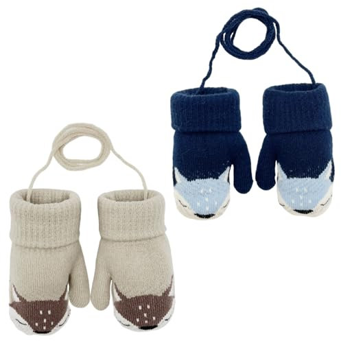 FUIPVGI 2 Paar Baby Winter Handschuhe, Cartoon Kinder Winter Handschuhe Fäustlinge, Warm Strickhandschuh Handschuhe mit Schlüsselband für 0-3 Jahre Mädchen Junge (2 Farben)