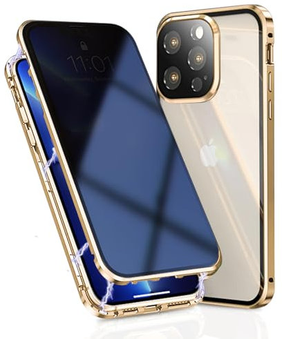 OMGZONE Privacy Case for iPhone 16 Pro Max Magnetic Cover,Screen Protector built-in Anti-peep Tempered Glass Full Cover with Camera Protector,360 Degree Metal Bumper Case for iPhone 16 Pro Max,Gold