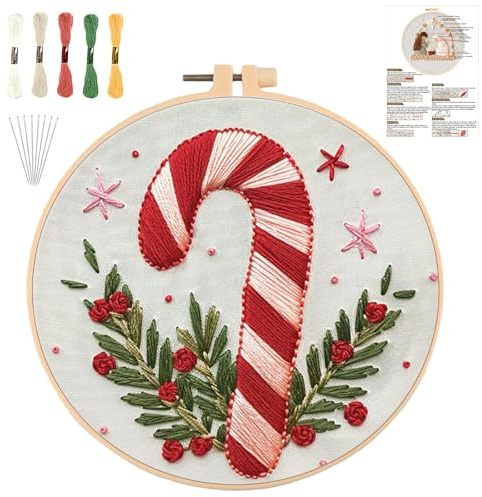 Sticken Set Erwachsene，Stickset Weihnachten Stickset für Anfänger Embroidery Kit Stickerei Set, Stick And Poke Set Stickbilder Stickrahmen DIY Kreuzstich Weihnachten Deko (Kandiszuckerstange)
