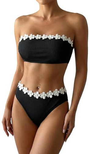 GORGLITTER Women's 3D Floral Bandeau Strapless Bikini Sets Bandeau Swimsuit | Colorblock, Sexy Backless 2 Piece Swimsuits, Strapless Bikini Set, Bandeau Bikini for Beach, Swimwear