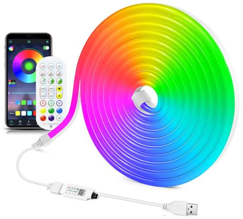 AIMENGTE Neon LED Strip, 3M 5V RGB Flexible Neon LED Streifen, mit Musiksynchronisation, Timing, Timerspeicher, dynamischer Modus, für DIY-Formen Spiel Dekoration