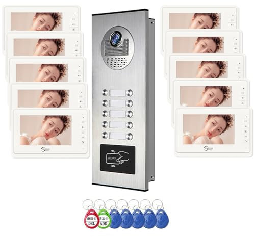 Système d'interphone vidéo filaire pour appartement, kit de visiophone de 10 unités avec moniteur de 17,8 cm, sonnette vidéo intérieure et extérieure, déverrouillage par carte d'identité, audio