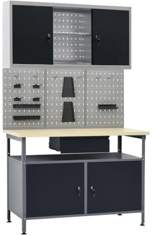 Werkbank mit 3 Werkzeugwänden und 1 Wandschrank, Arbeitstisch, 300 kg Tragkraft, Hobelbank, Montagetisch für Garage, Werkstatt und Schuppen, 120 x 60 x 85 cm