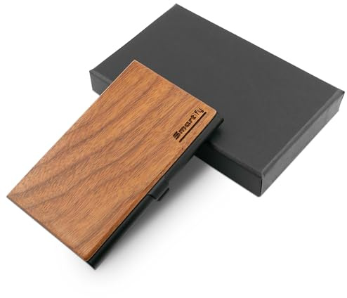 Smartify Étui pour cartes de visite en bois de noyer - Élégant porte-cartes de visite en métal et bois - Étui fin pour cartes de visite pour homme et femme - Boîte cadeau de qualité supérieure pour le