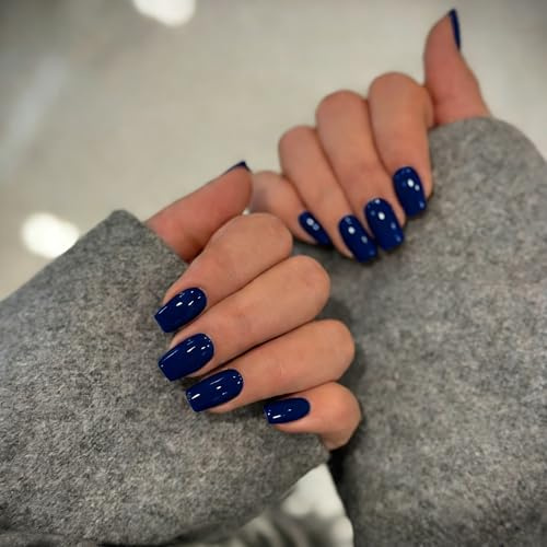 KQueenest Marine Blau Press On Nails Mittel Eckig, Sarg Nägel zum Aufkleben Kurz, Glänzende Jelly-Gel Fake Nails Fingernägel zum aufkleben Ballerina, Einfarbig Acryl Kunstnägel für Frauen, 24 Stück