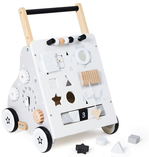 Labebe Lauflernwagen Holz, 8-in-1 Verwendung als Laufwagen, Baby Lauflernhilfe Holz mit gummierten Holzrädern und Activity Center
