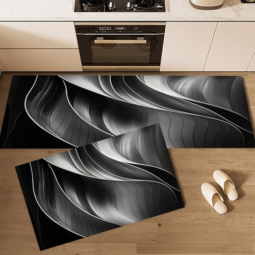 CEDNXOER Juego de Alfombras de Cocina Doblado Metales, 2 Alfombrillas Antideslizantes Simple Líneas Lavables para Suelo, Gris Oscuro, Ideales para Cocina, Lavadero y Pasillo 45×75cm+45×150cm