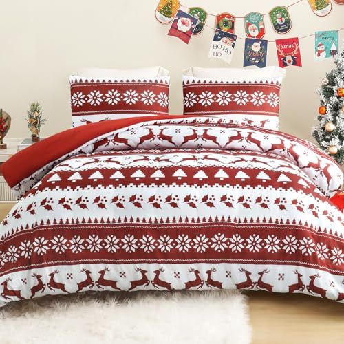 Exclusivo Mezcla Edredón Navidad 200x200cm con 2 Fundas de Almohada | Renos, Rayas, Lavable a Máquina, Edredón sin Funda, Relleno Nórdico, Toda Estación, Comfortable, Rayas y Renos