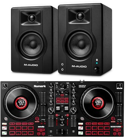Numark Mixtrack Platinum FX DJ Controller and M-AUDIO BX4 Pair Bluetooth Studio Monitors for Studio Recording, Music Production, Podcasting, Streaming