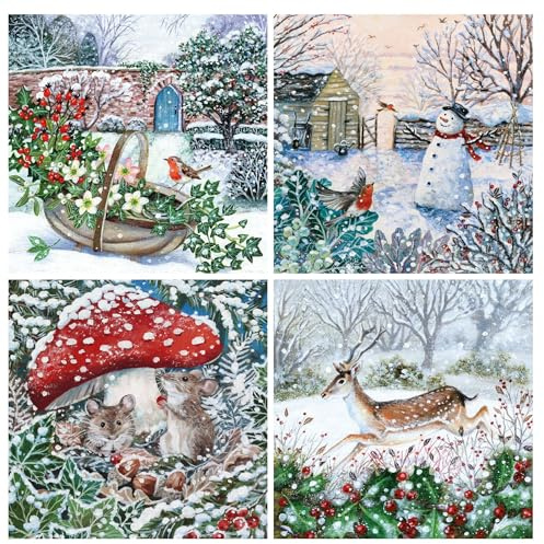 Museums & Galleries Charity Christmas Cards Pack of 20 - Assorted Designs - Lucy Grossmith Designs 4 x 5 Snowy Garden Winter Scenes - Festive Christmas Cards Multipack - In Aid of UK Charities