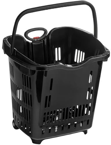 Glownary Black Plastic Shopping Basket with Wheels, 21.25x16.5 Inch, 45 lb Capacity, Telescopic Handle, Stackable Design