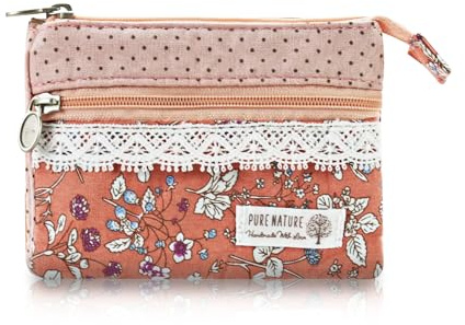 AfitLulu Kleines Portemonnaie Damen Canvas Geldbeutel Damen Klein, 2 Lagen Reißverschlusstaschen Mini Geldbörse Bohème-Stil Mini Portemonnaie für Münzen, Bargeld und Karten (Blume-Rosa)