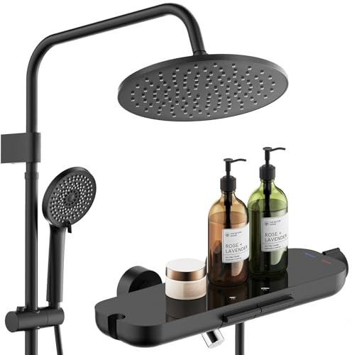 HOMELODY Regendusche Duschsystem mit Badewannenarmatur Glasablage, Schwarz Handbrause mit 4 Funktionen, 360° drehbarer Auslauf, Badewannenarmaturen mit Duschbrause, Mischbatterie zur Wandmontage