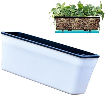 Rectangular Self Watering Planter Box for Indoor Plants, 44.9cm White Window Box with Drainage, Modern Decorative Flower Pot for Balcony Windowsill Herbs Home Garden Gifts