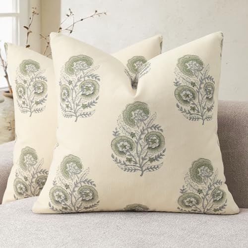YCOLL Funda de Cojín Vintage Estampado Floral 50x50 Set de 2 Fundas de Cojín Flores Cojín de Sofá Diseño Moderno Cojín Decorativo para Sofá Sillón Cama Decoración del Hogar y Salón Verde Salvia