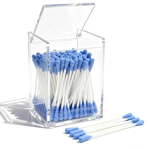 WORHE Q-Tip-Halter mit Deckel,Acryl-Wattebäusche-Organizer 7.5 x 6.5 x 10cm | Q-Tip-Spender für Schminktisch oder Arbeitsplatte,Make-up-Pads und Kosmetik-Aufbewahrungsbox(DP058)