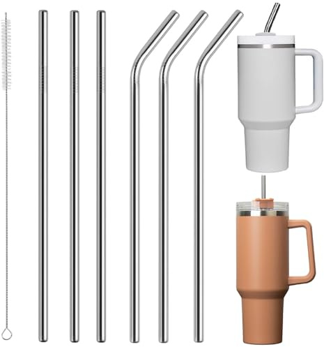 Stainless Steel Straws 6Pcs 304 Food Grade Reusable Metal Straws Drinking 310mm Straight & Bent with Cleaning Brush for Hot Cold Juices Smoothies Cocktails Eco Friendly