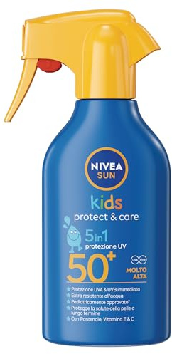 NIVEA SUN Kids Spray Protect & Care SPF 50+ 250 ml, Crema solare 50 bambini 3+ anni, Protezione solare 50 bambini spray extra resistente all'acqua e al sudore con Pantenolo, Vitamina C & E