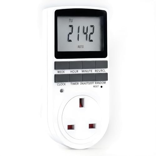 Digital Timer Socket UK with LCD Display, 16-Programme Scheduling Switch, Energy-Saving Plug-In Control with Adjustable Plug Settings for Home Lights Appliances Daily Automation Tasks