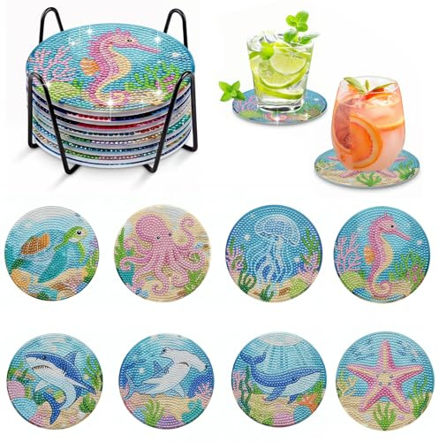 8 Piezas Posavasos de Pintura de Diamantes 5D, Posavasos para Bebidas con Soporte, para Decoración de la Vida en el Hogar e Bebidas de Bar, como Actividades Manuales, Tazas, Manualidades Adultos