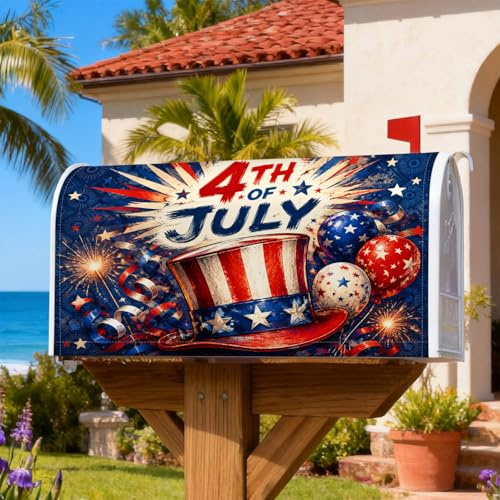 Copertura magnetica per cassetta postale a forma di cappello, con palline patriottiche e stelle del 4 luglio, decorazioni per cassette postali rosse per decorazioni per esterni, 53 x 64 cm