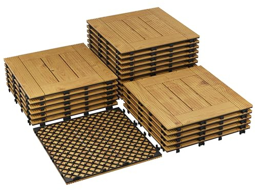 Zstar Dalles emboîtables en bois d’acacia massif – Revêtement de sol imperméable, antidérapant pour balcon, terrasse, jardin, piscine – Installation facile, finition jaune, 33 pièces, 30x30 cm,