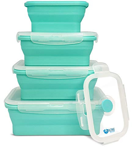 Faltbare Silikon Frischhaltedosen 4er Set mit Deckel - stapelbar & platzsparend Mikrowellengeeignet Kühlschrank Spülmaschine geeignet BPA-frei Farbkodierte zum Anklipsen Bento Lunchbox