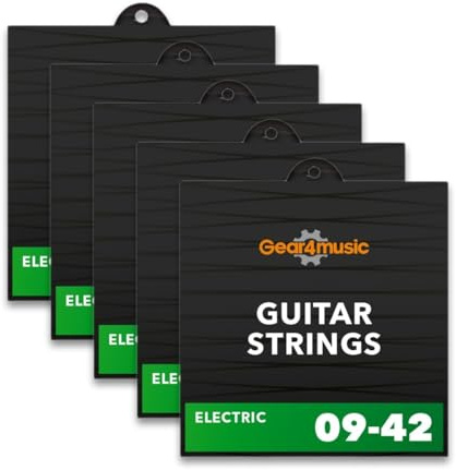 5 Pack of Electric Guitar Strings by Gear4music | Stainless steel nickel-alloy wound strings, bright clear tone with long life, five packs included